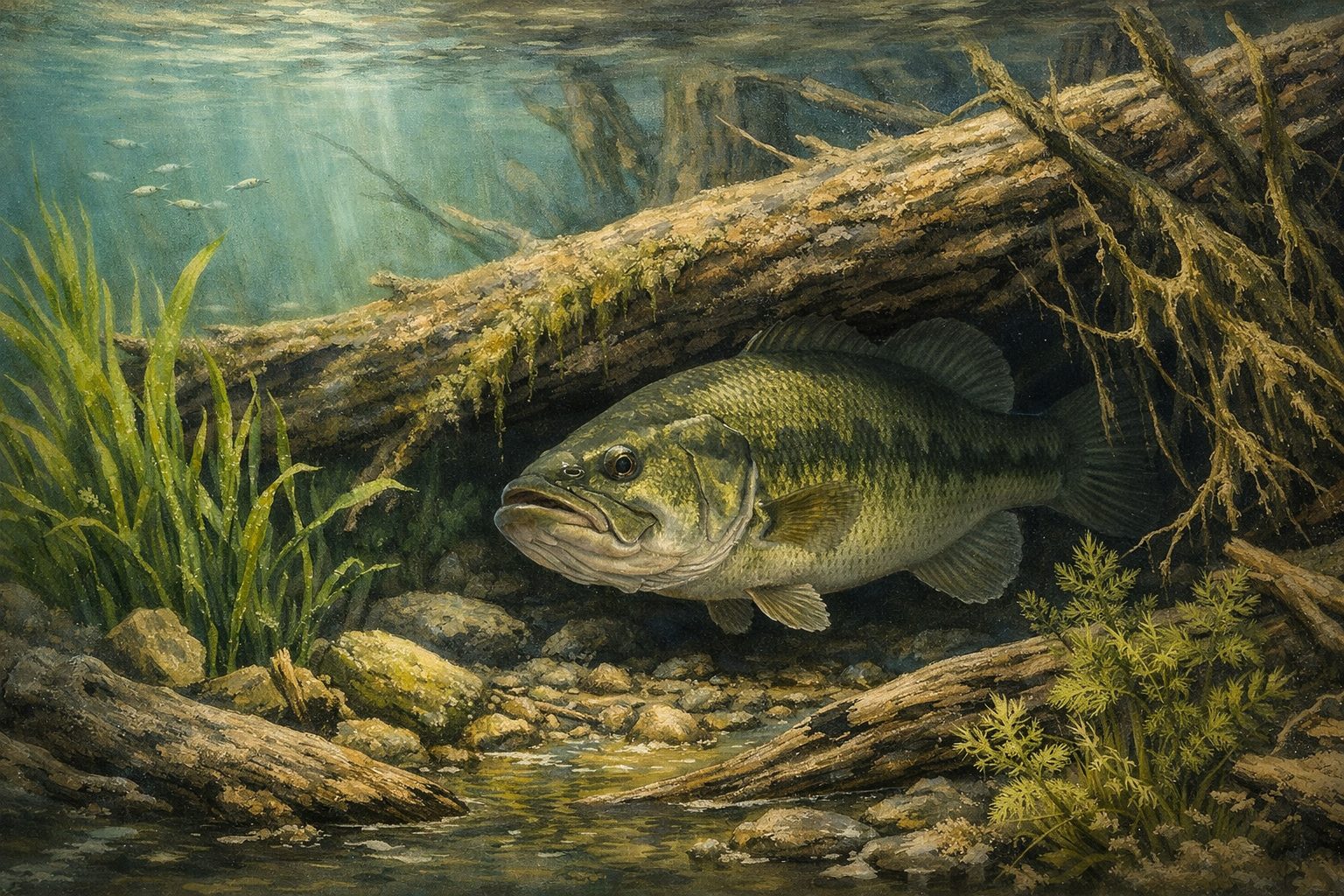 Largemouth bass beneath submerged log
