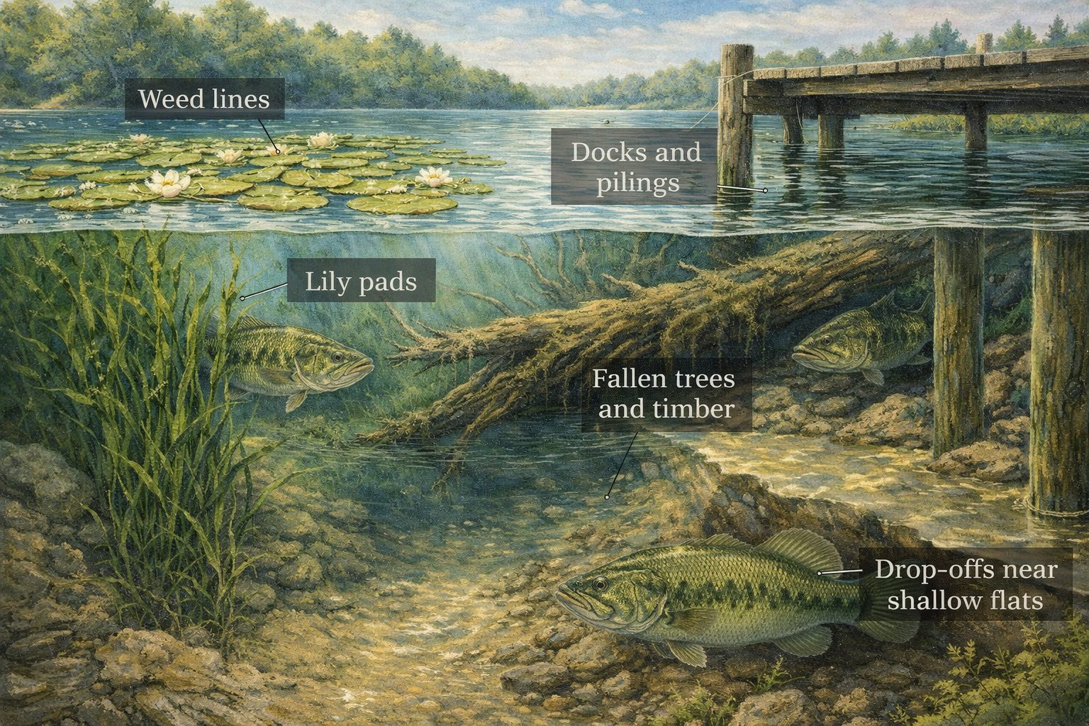 Largemouth bass habitat in freshwater lake