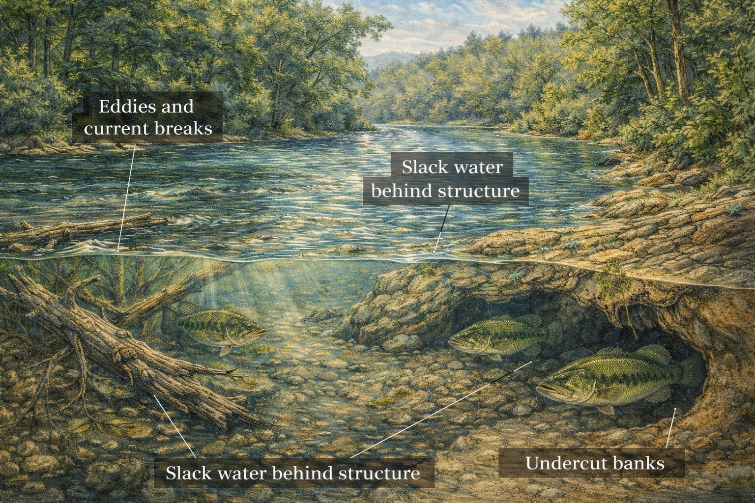 Largemouth bass in river habitats