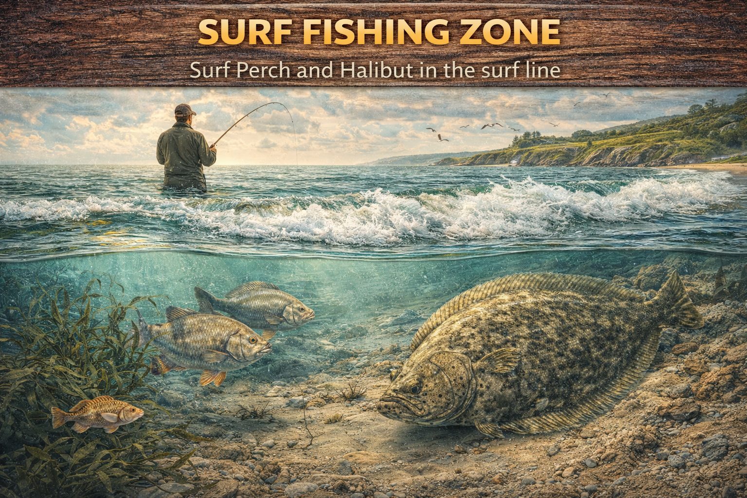 Surf fishing by the shore