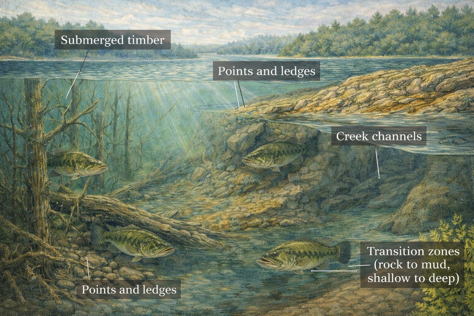 Underwater habitat with largemouth bass