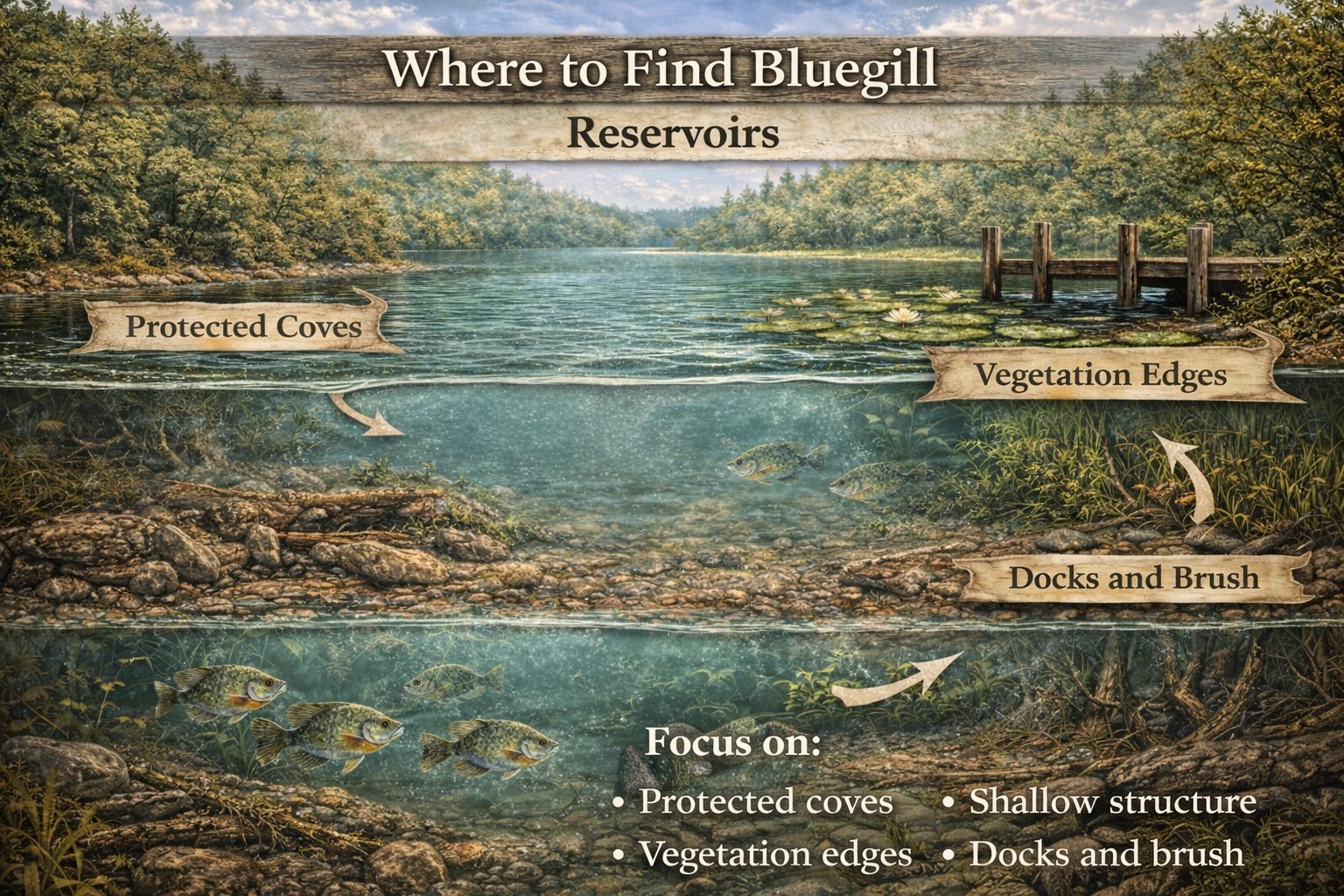 Where to find bluegill in reservoirs